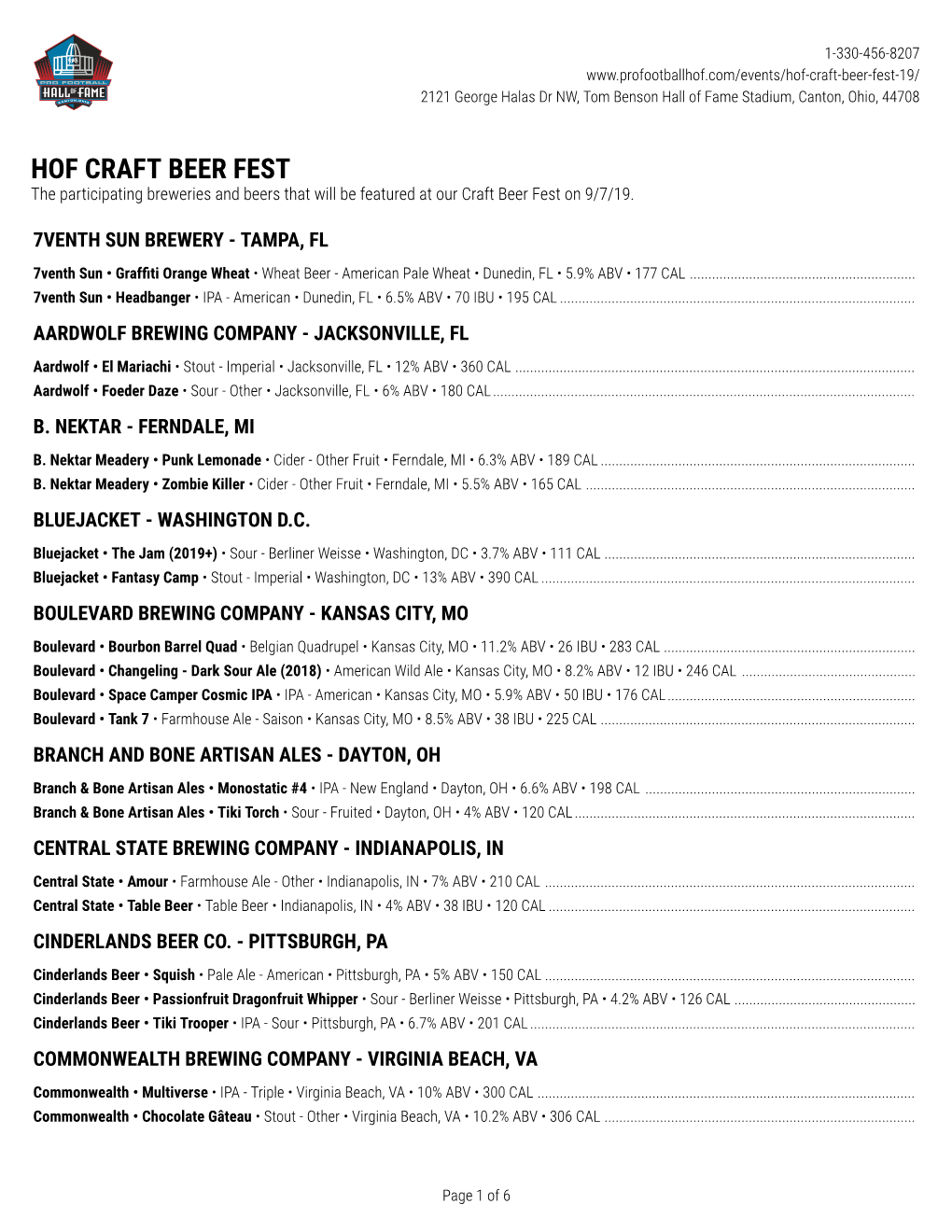 HOF CRAFT BEER FEST the Participating Breweries and Beers That Will Be Featured at Our Craft Beer Fest on 9/7/19