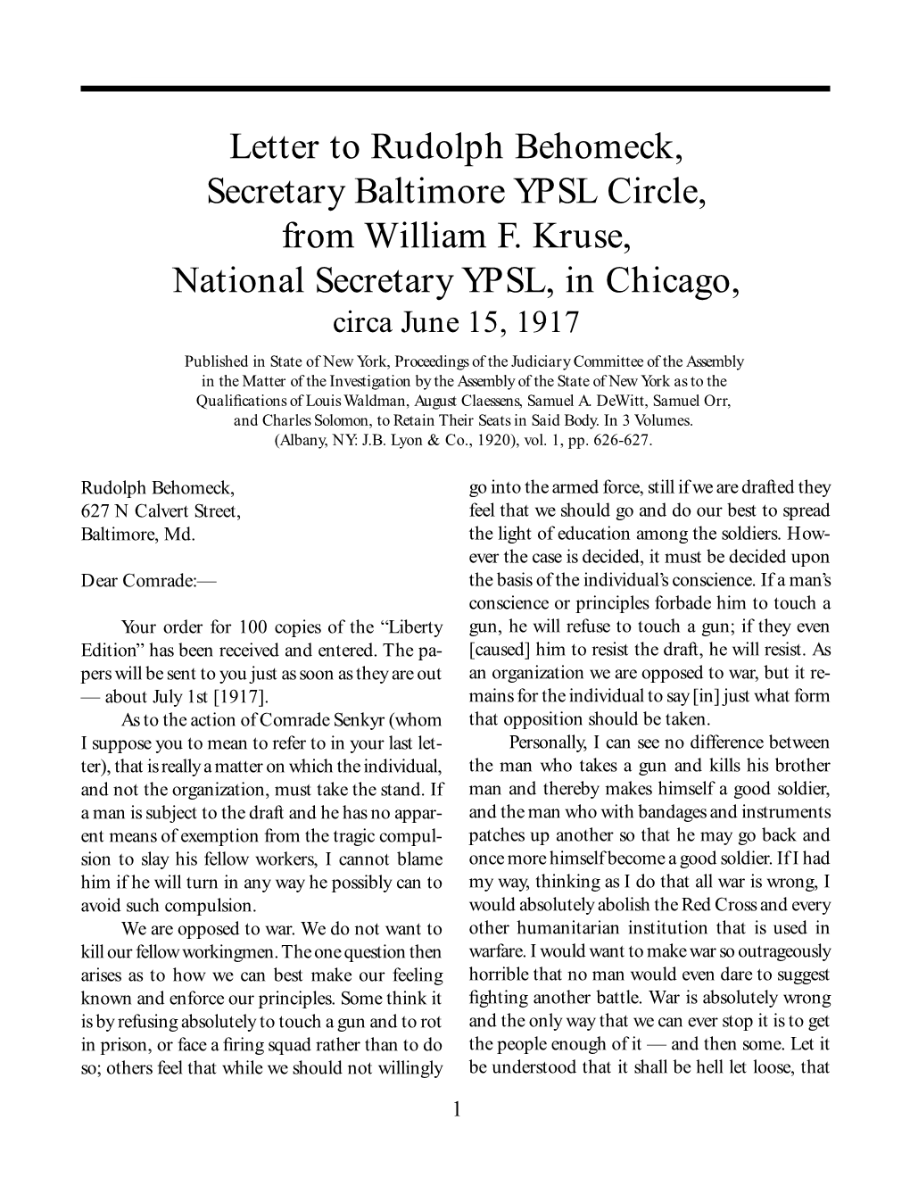 Letter to Rudolph Behomeck, Secretary Baltimore YPSL Circle, from William F