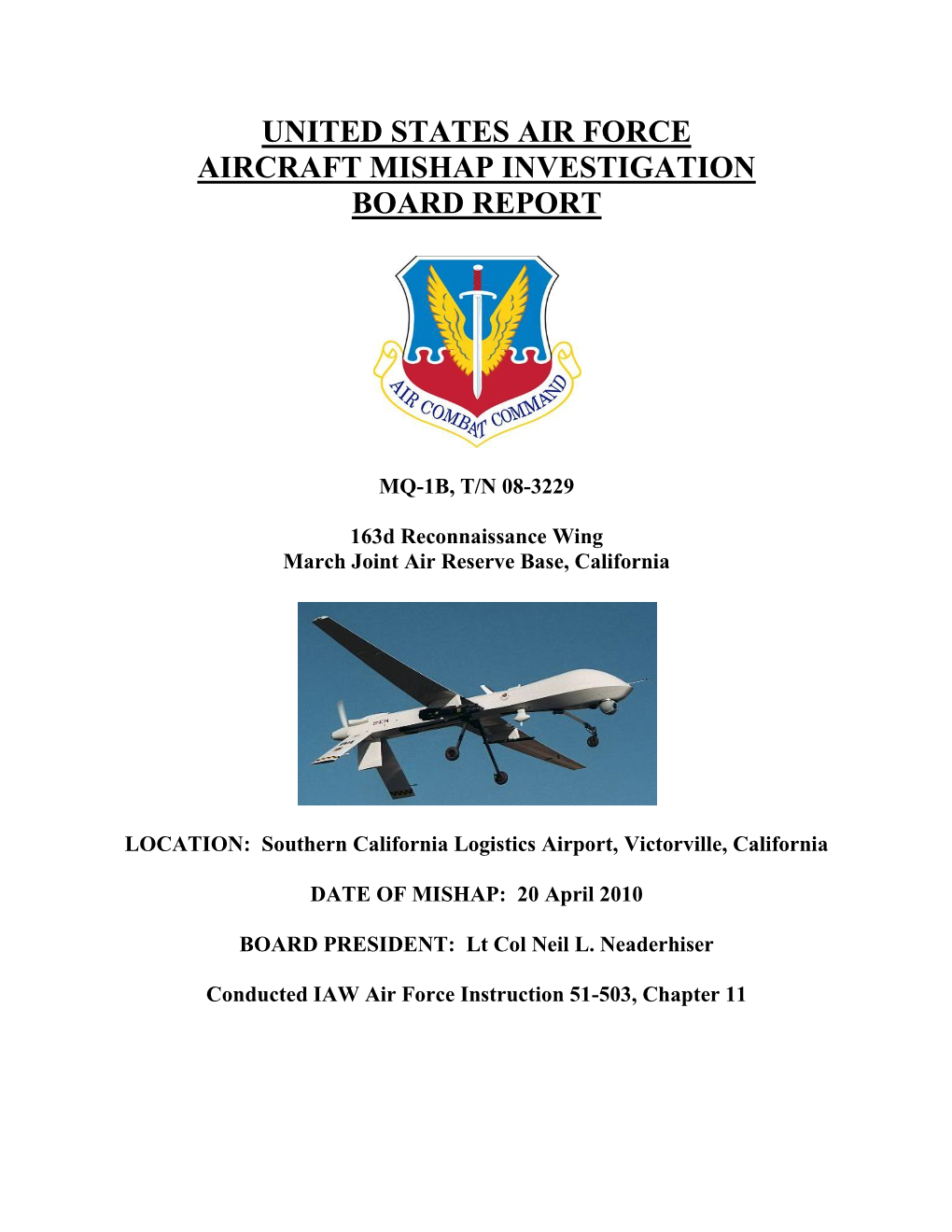 United States Air Force Aircraft Mishap Investigation Board Report