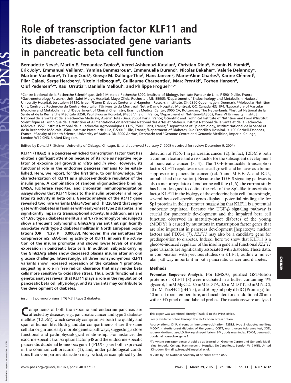 Role of Transcription Factor KLF11 and Its Diabetes-Associated Gene Variants in Pancreatic Beta Cell Function