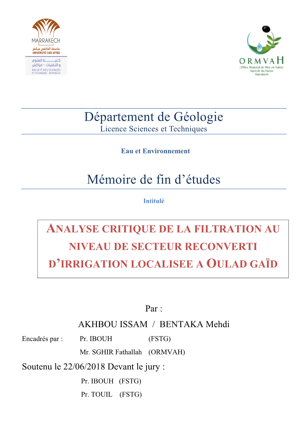 Département De Géologie Mémoire De Fin D'études