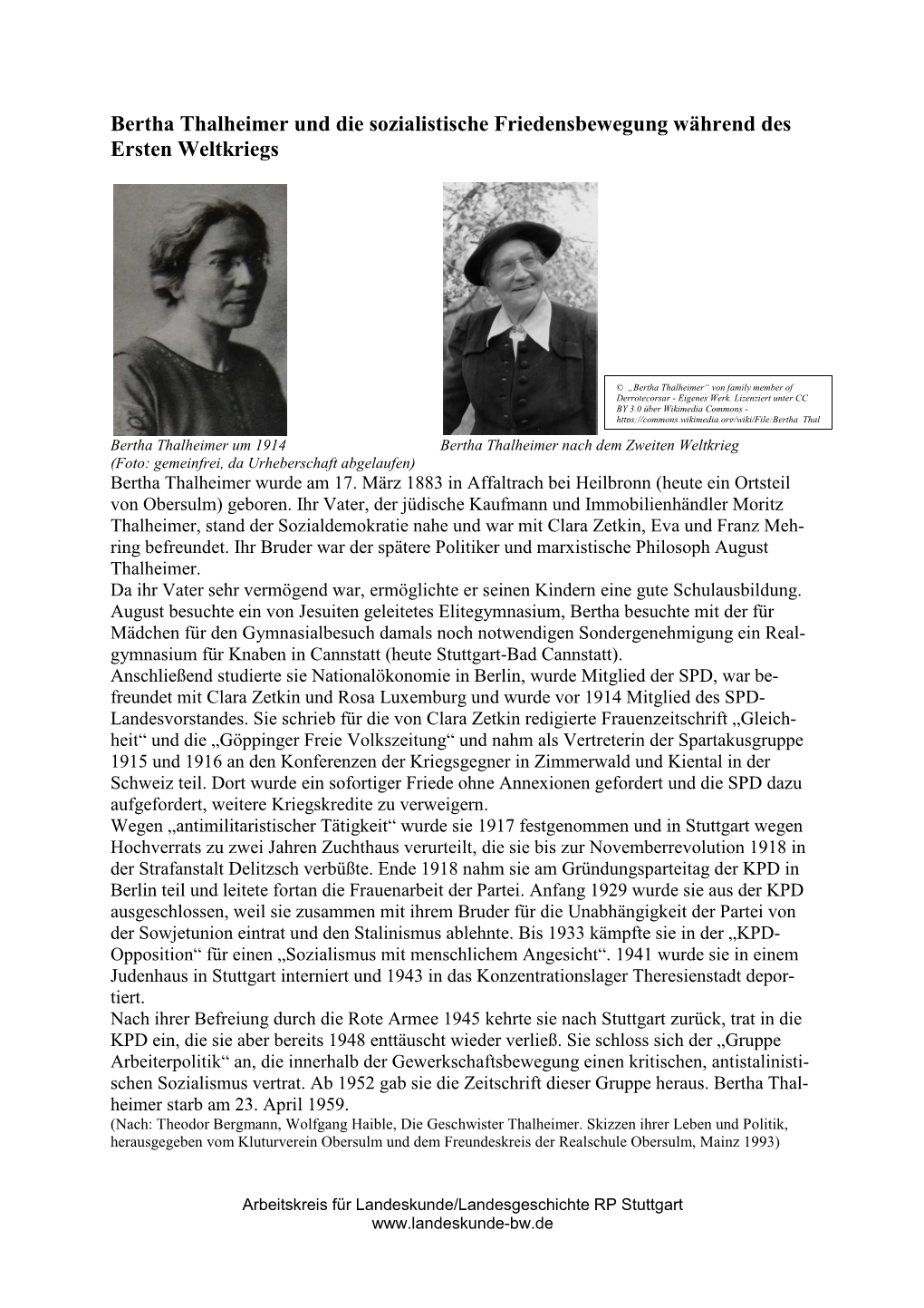 Bertha Thalheimer Und Die Sozialistische Friedensbewegung Während Des Ersten Weltkriegs