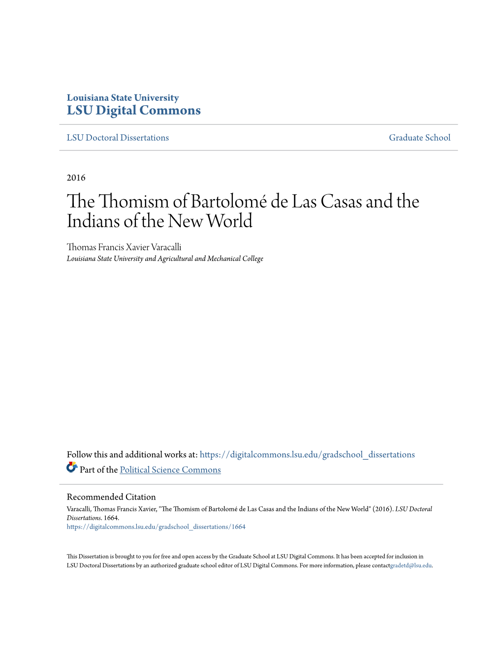 The Thomism of Bartolomé De Las Casas and the Indians of the New World