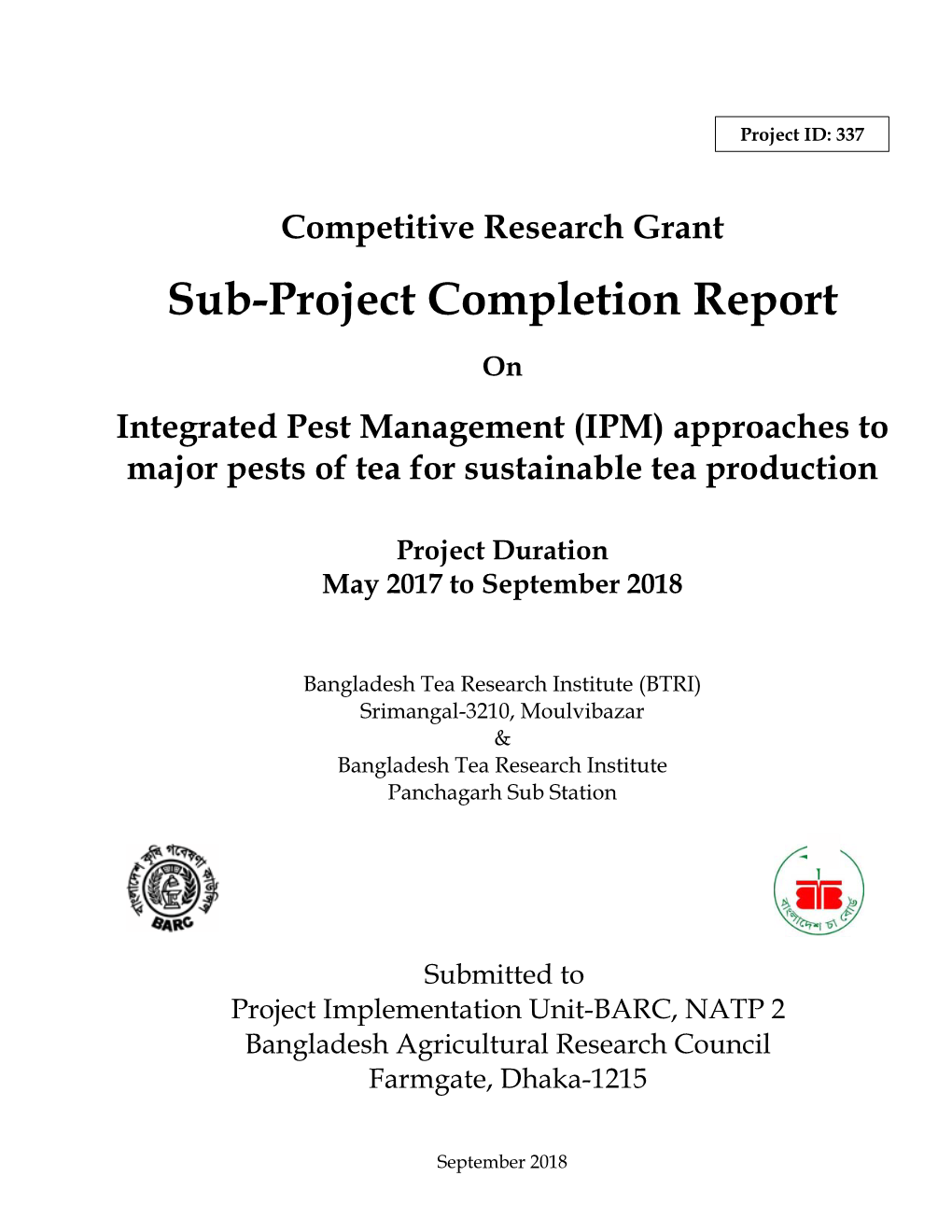 Competitive Research Grant Sub-Project Completion Report on Integrated Pest Management