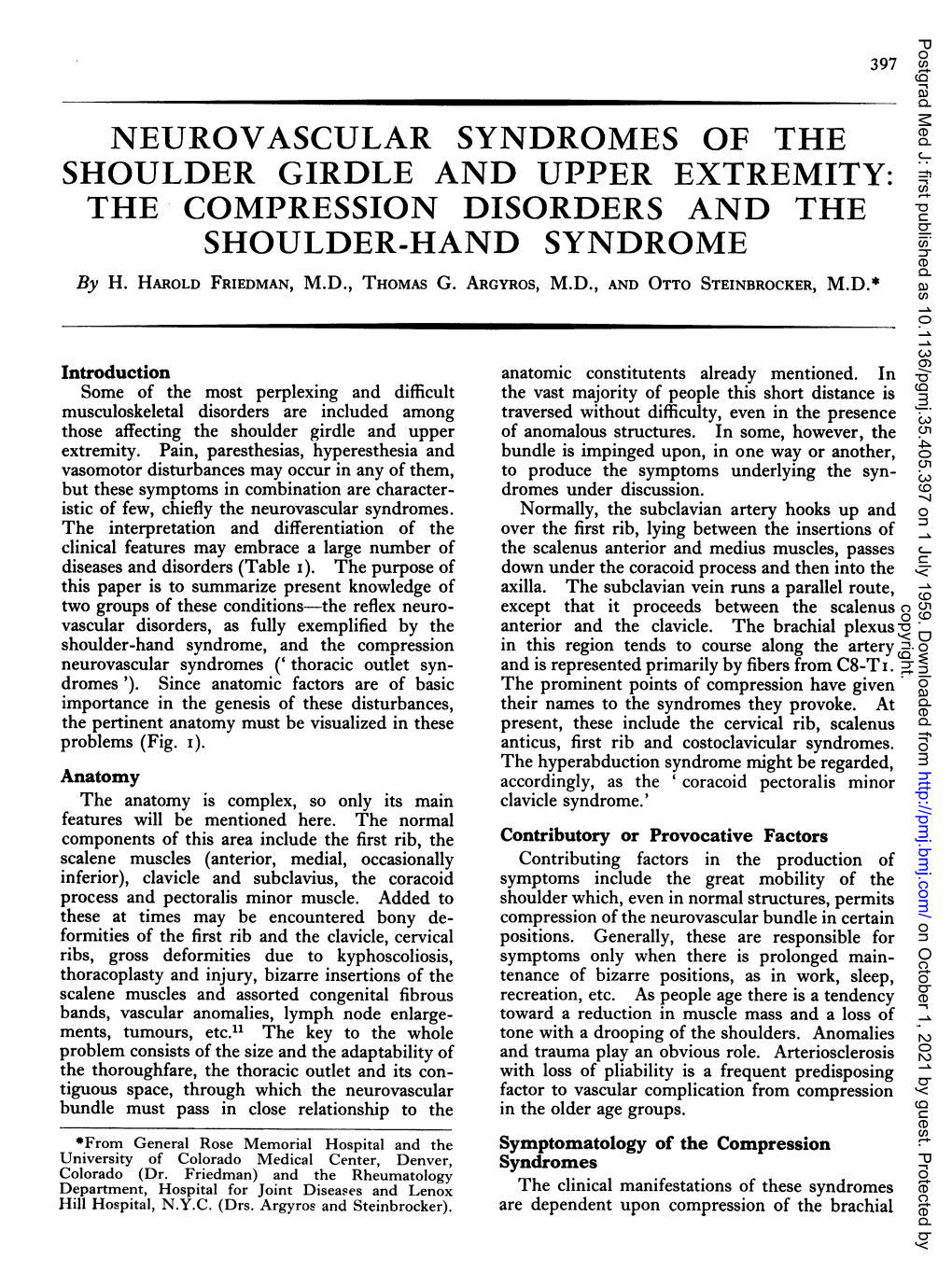 SHOULDER GIRDLE and UPPER EXTREMITY: the COMPRESSION DISORDERS and the SHOULDER-HAND SYNDROME by H