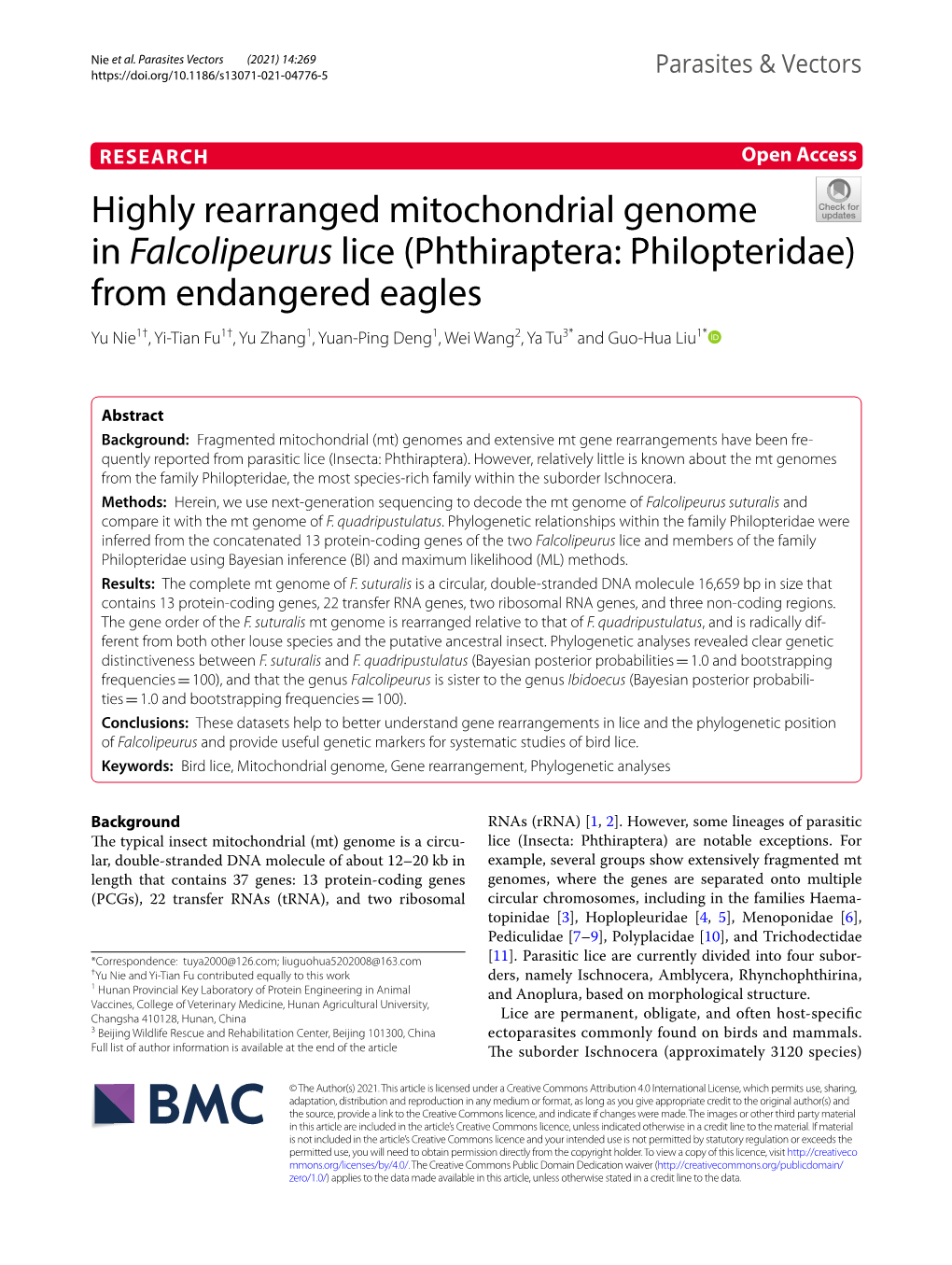 Highly Rearranged Mitochondrial Genome in Falcolipeurus Lice (Phthiraptera: Philopteridae) from Endangered Eagles