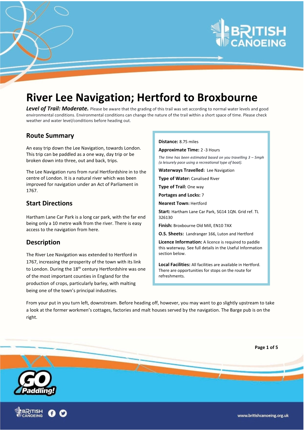 River Lee Navigation; Hertford to Broxbourne Level of Trail: Moderate