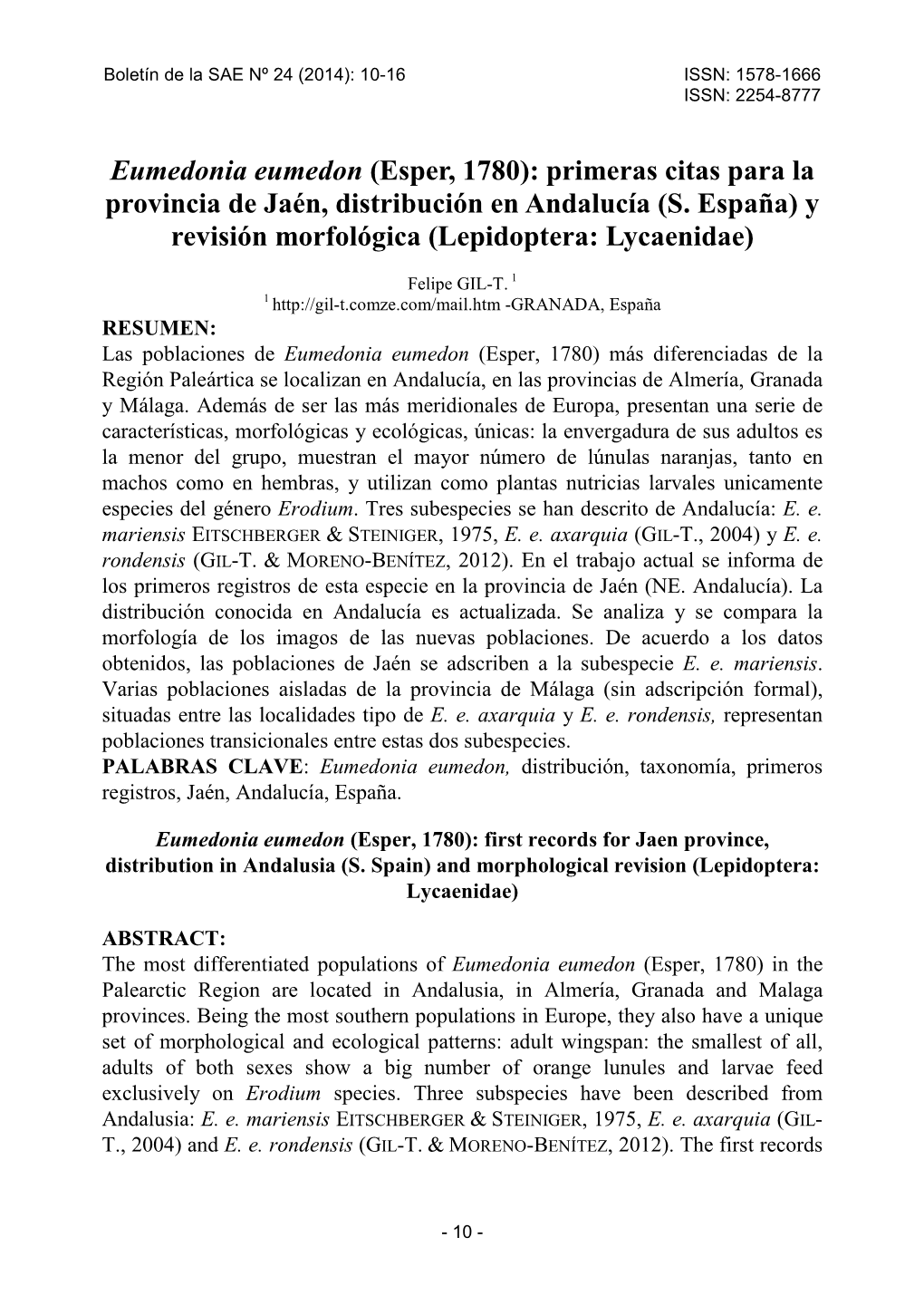 Eumedonia Eumedon (Esper, 1780): Primeras Citas Para La Provincia De Jaén, Distribución En Andalucía (S