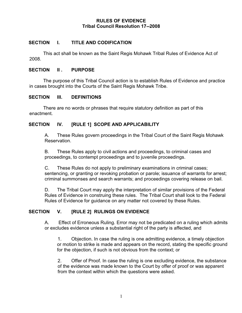 Tribal Rules of Evidence Act of 2008