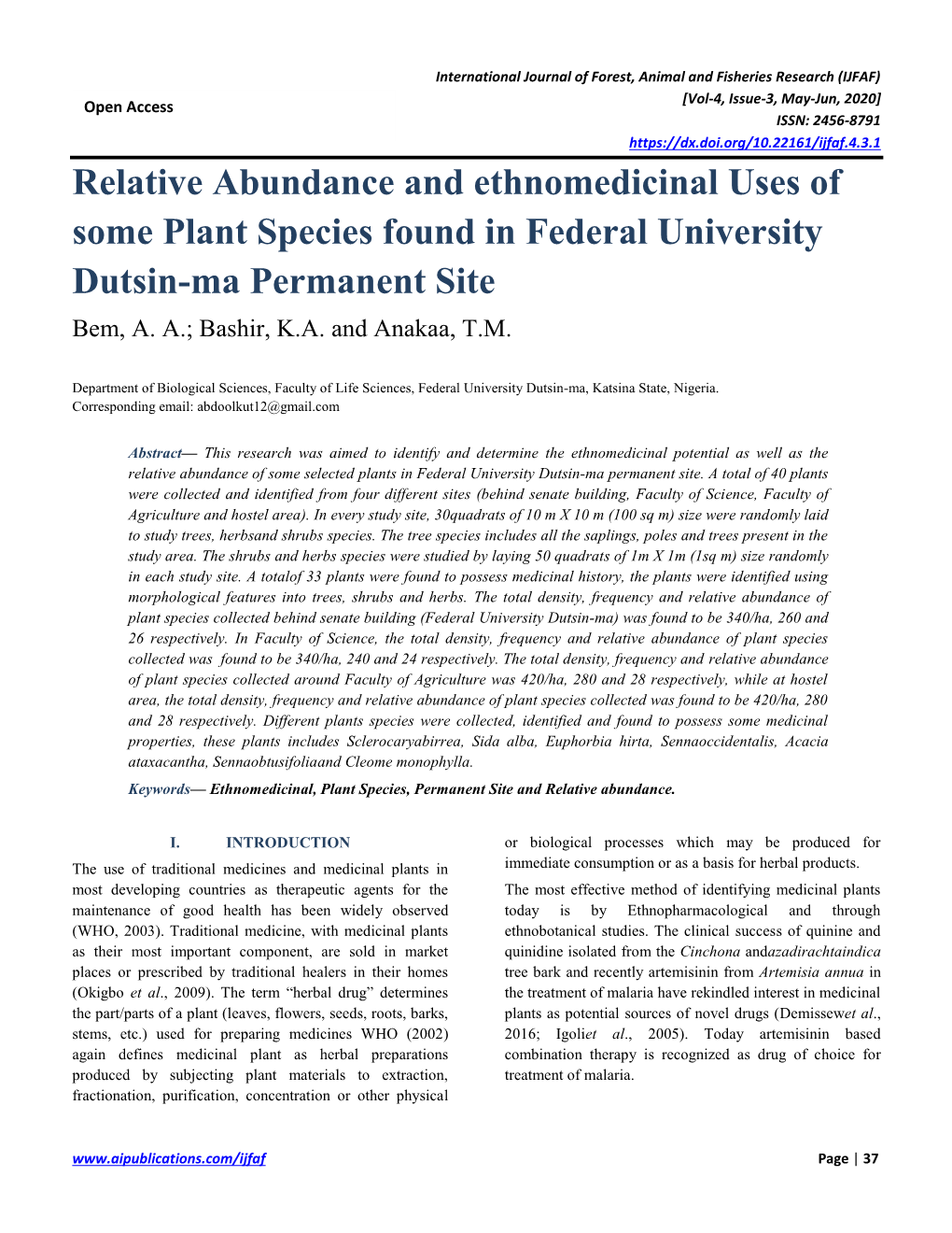 Relative Abundance and Ethnomedicinal Uses of Some Plant Species Found in Federal University Dutsin-Ma Permanent Site Bem, A