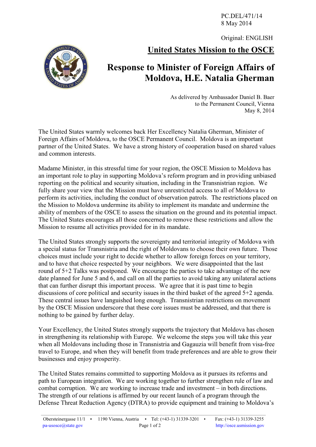 Response to Minister of Foreign Affairs of Moldova, H.E. Natalia Gherman