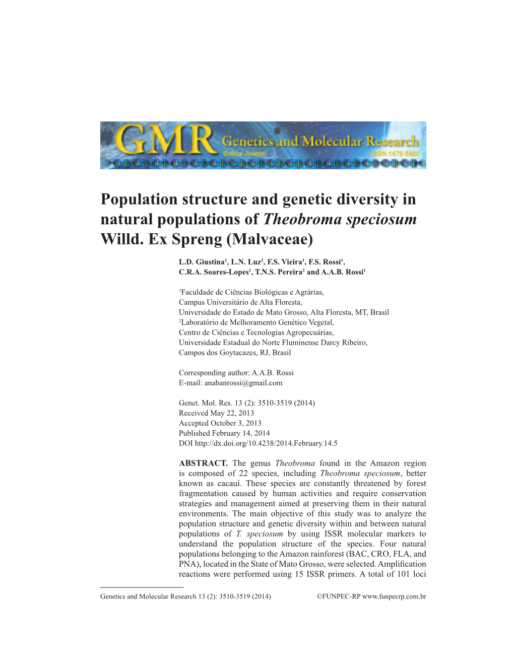 Population Structure and Genetic Diversity in Natural Populations of Theobroma Speciosum Willd