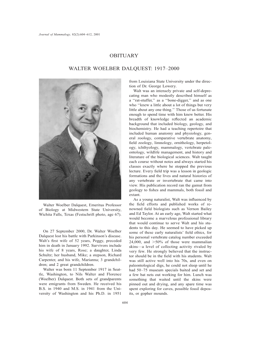 Obituary Walter Woelber Dalquest: 1917–2000