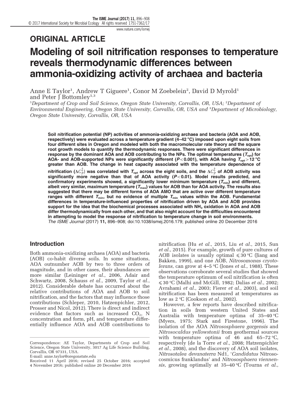 Modeling of Soil Nitrification Responses to Temperature Reveals Thermodynamic Differences Between Ammonia-Oxidizing Activity of Archaea and Bacteria