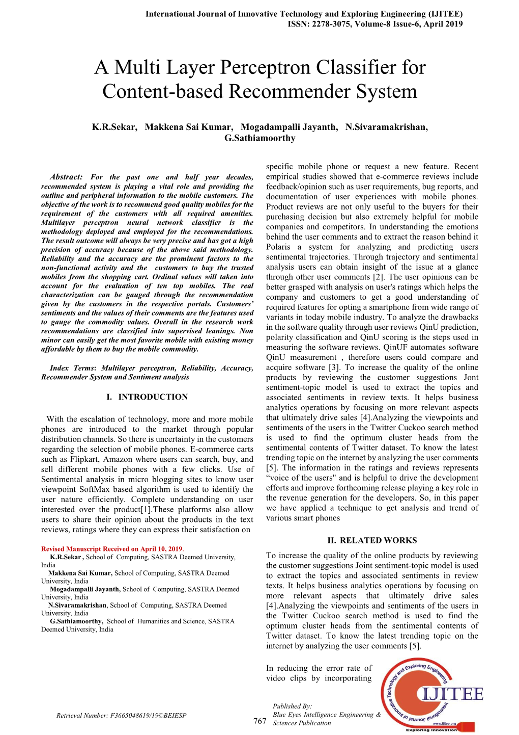 A Multi Layer Perceptron Classifier for Content-Based Recommender System