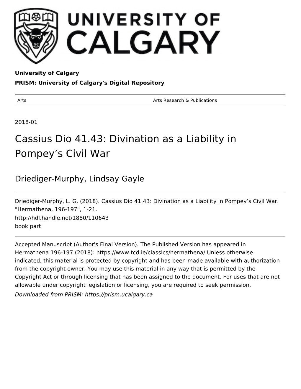 Cassius Dio 41.43: Divination As a Liability in Pompey’S Civil War