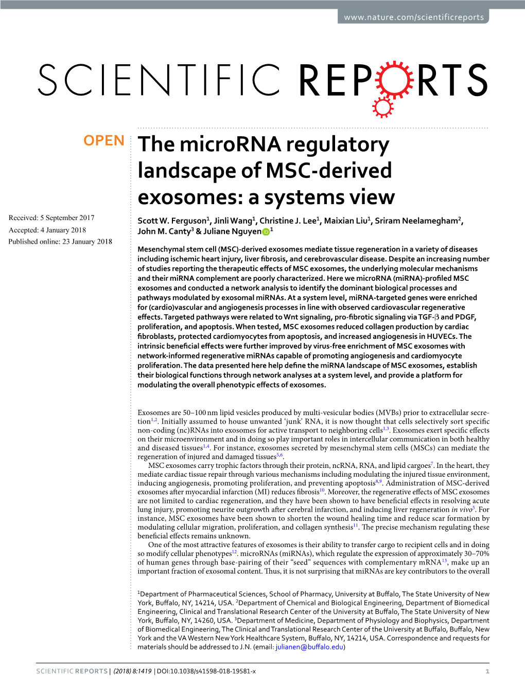 The Microrna Regulatory Landscape of MSC-Derived Exosomes: a Systems View Received: 5 September 2017 Scott W