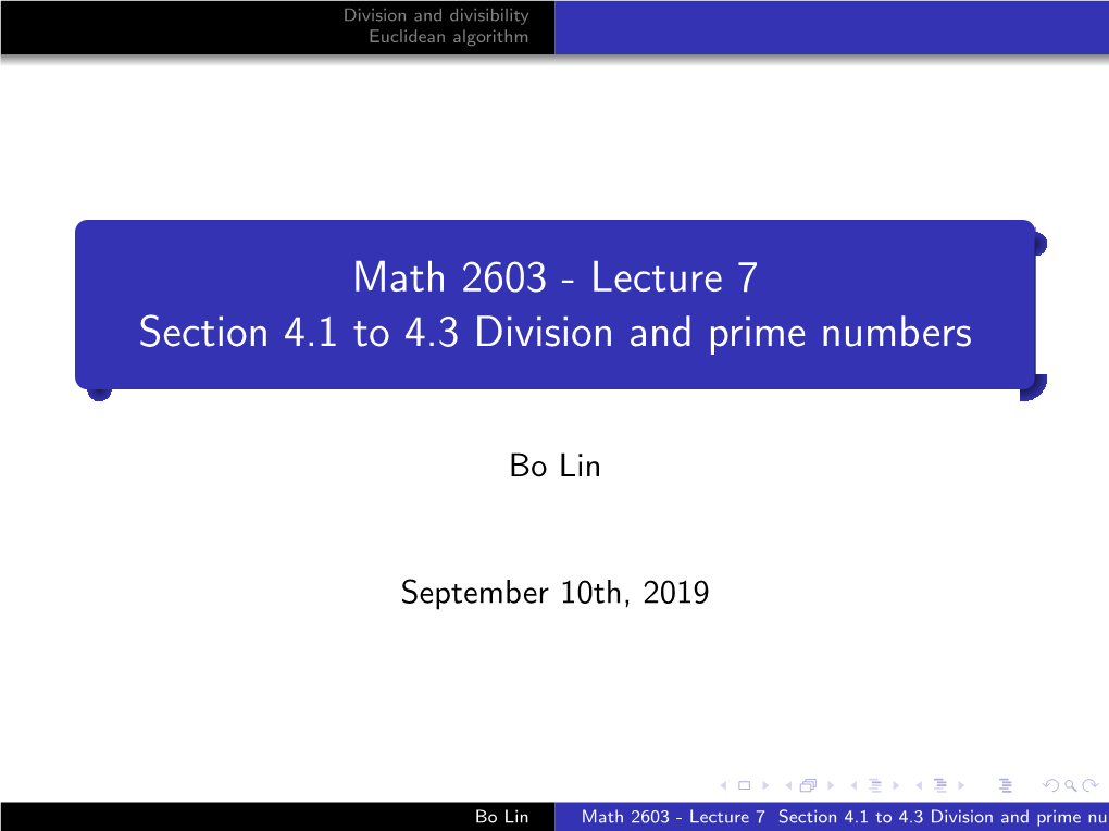 Lecture 7 Section 4.1 to 4.3 Division and Prime Numbers