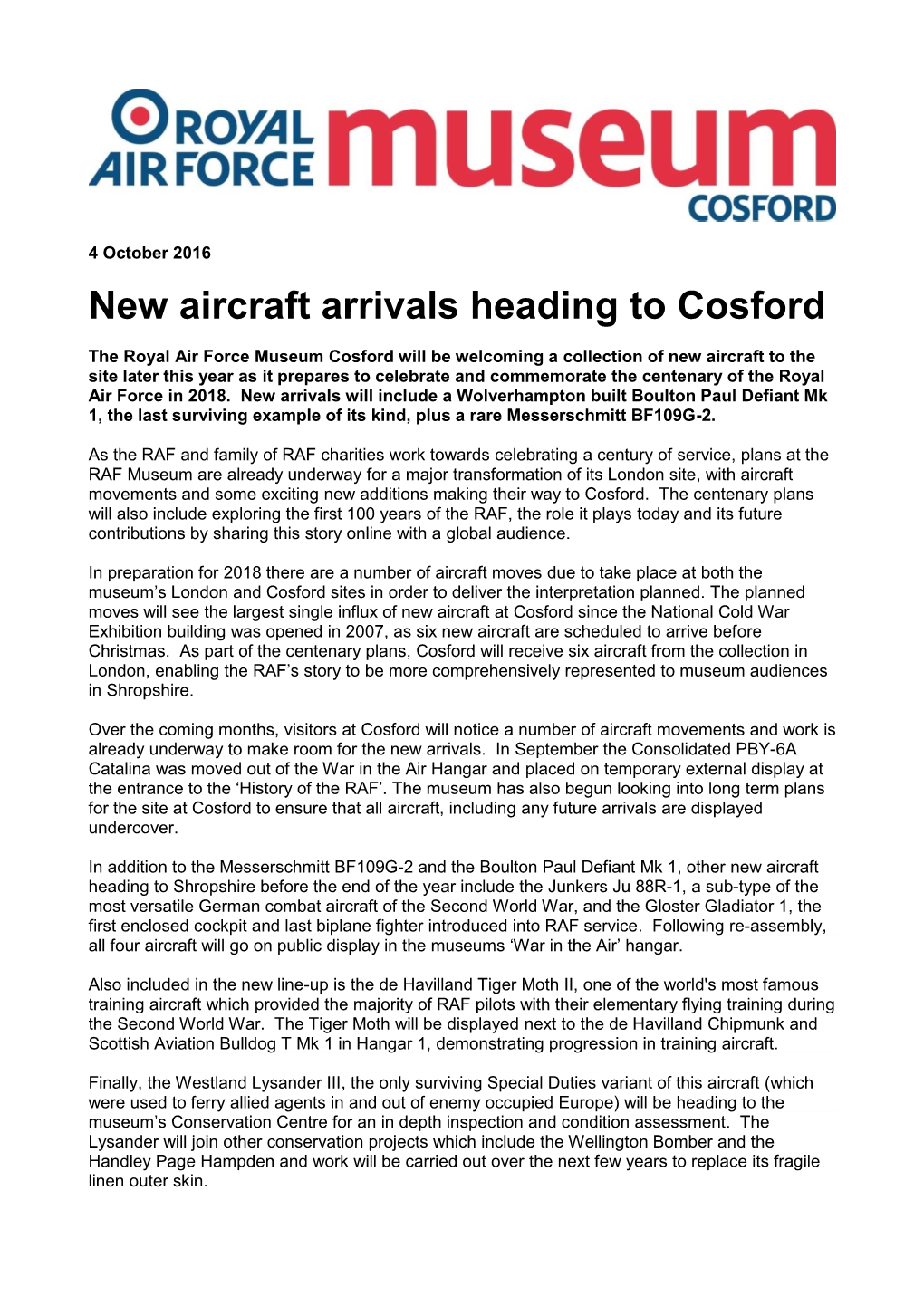 New Aircraft Arrivals Heading to Cosford