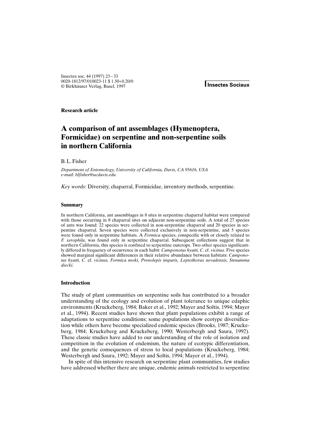 A Comparison of Ant Assemblages (Hymenoptera, Formicidae) on Serpentine and Non-Serpentine Soils in Northern California