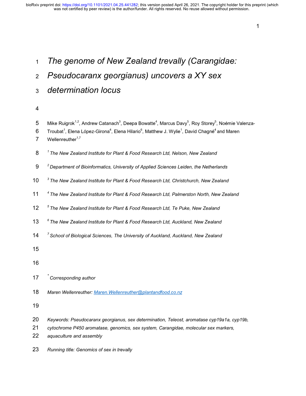 The Genome of New Zealand Trevally (Carangidae: Pseudocaranx