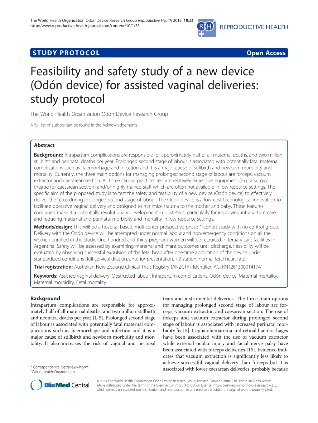 For Assisted Vaginal Deliveries: Study Protocol the World Health Organization Odon Device Research Group