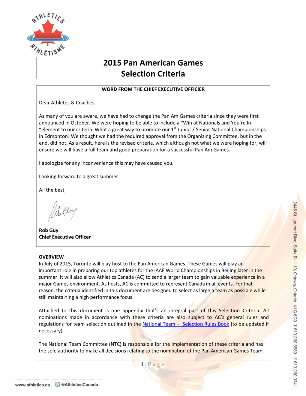 2015 Pan American Games Selection Criteria
