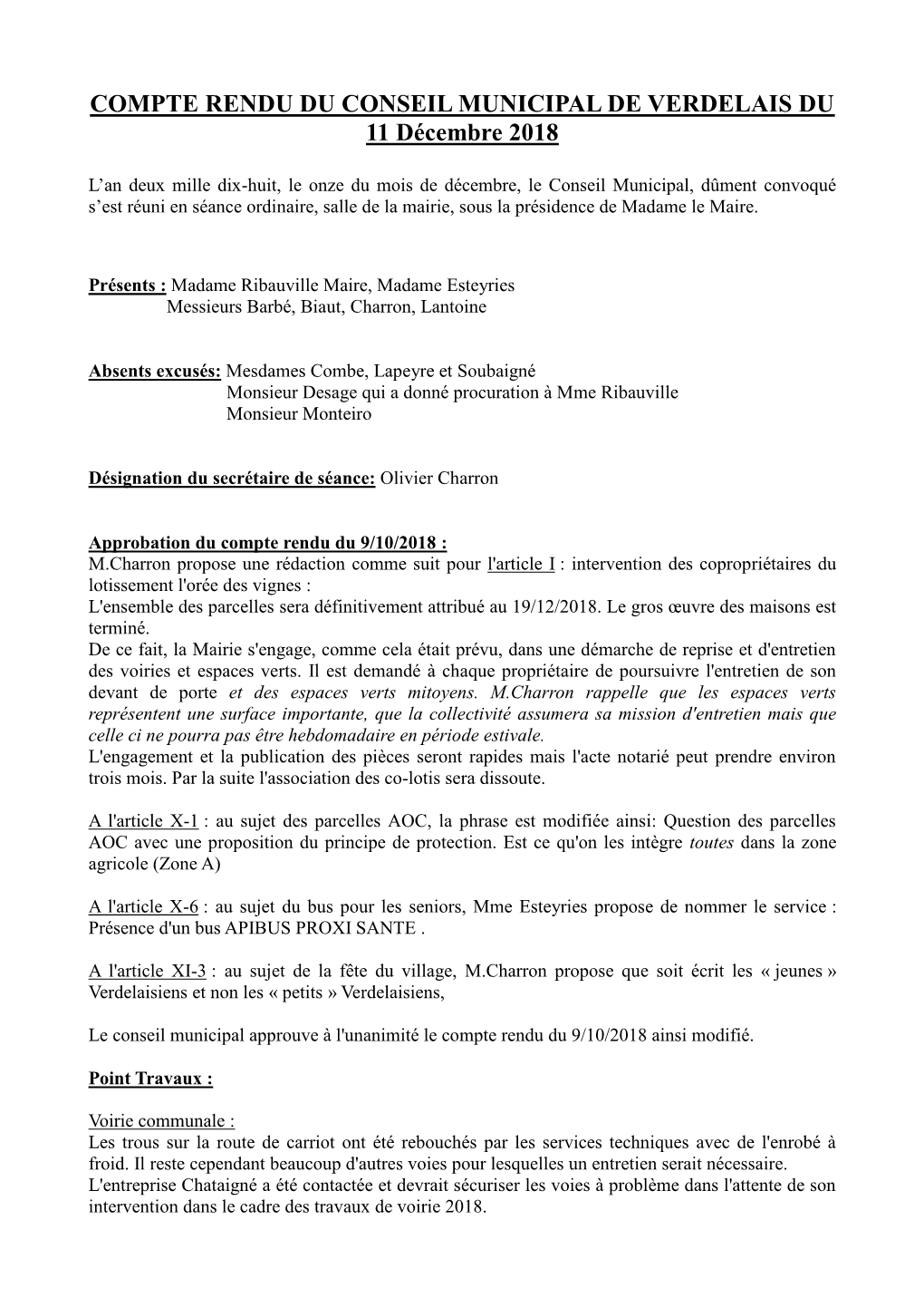 COMPTE RENDU DU CONSEIL MUNICIPAL DE VERDELAIS DU 11 Décembre 2018