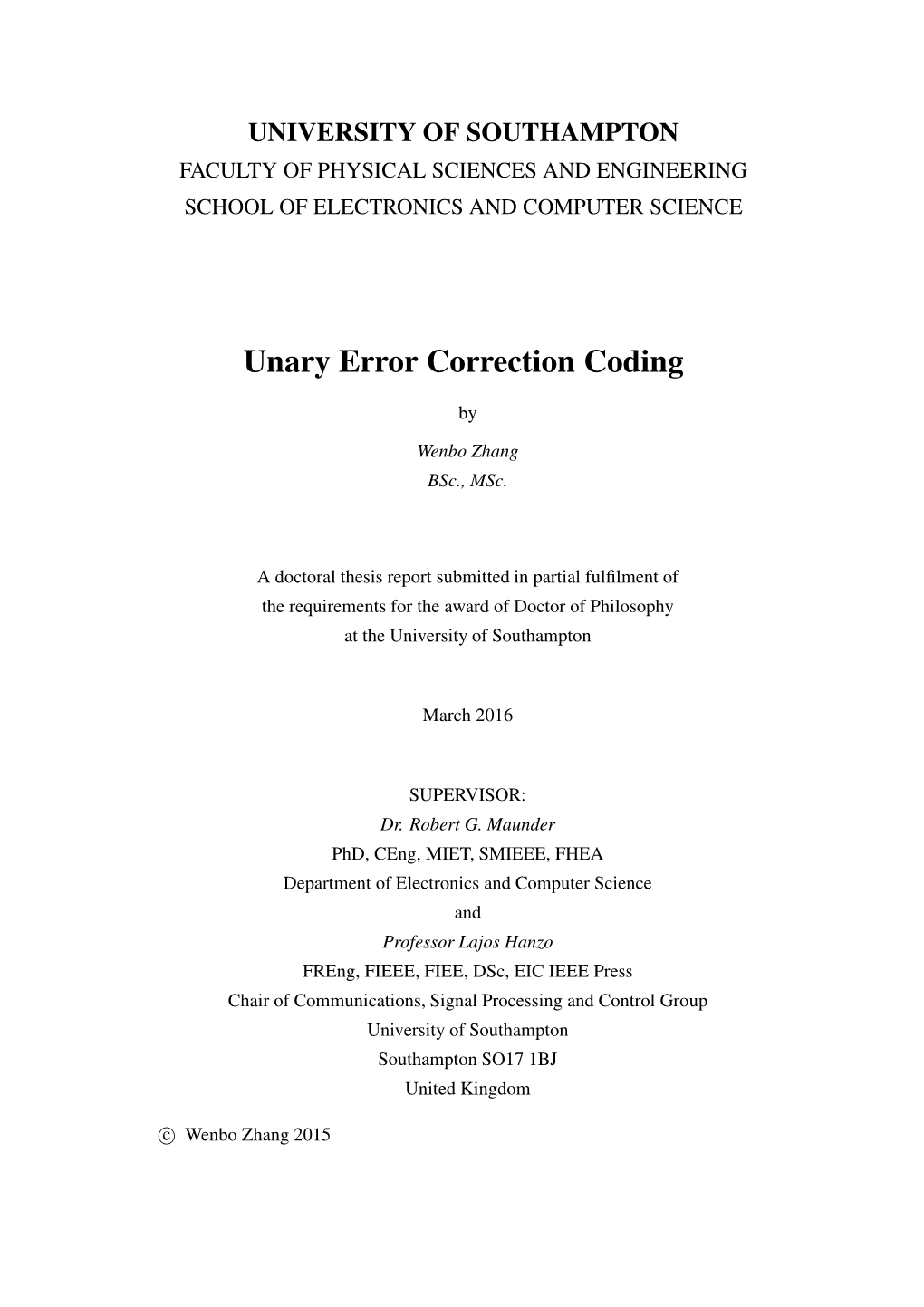 Unary Error Correction Coding