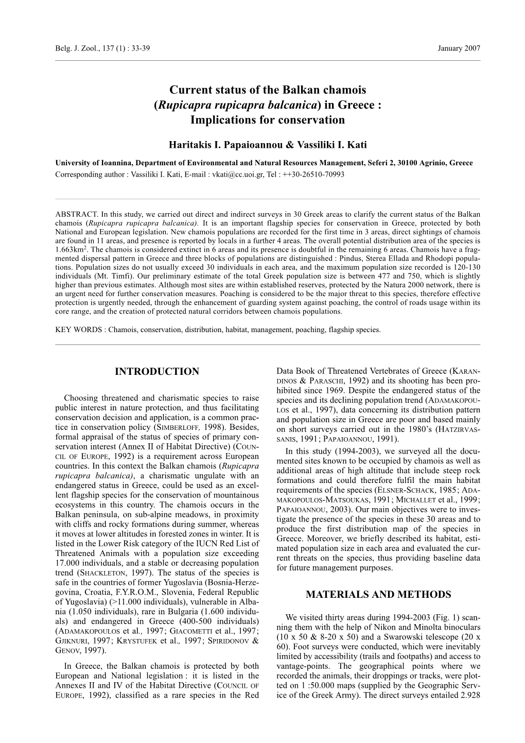 Current Status of the Balkan Chamois (Rupicapra Rupicapra Balcanica) in Greece : Implications for Conservation