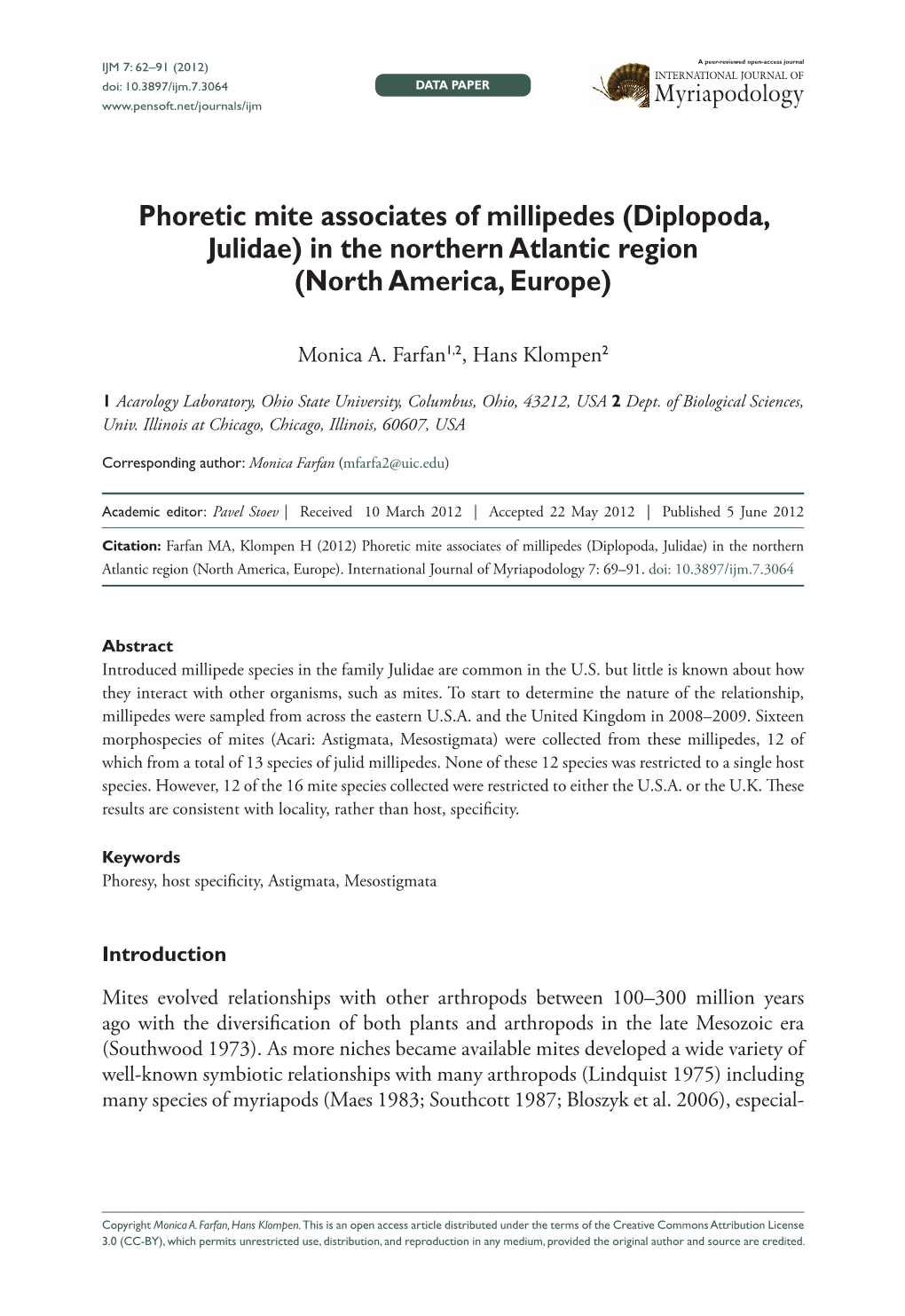 Diplopoda, Julidae) in the Northern Atlanticinternat Region...Ional Journal69 of Doi: 10.3897/Ijm.7.3064 Data Paper Myriapodology