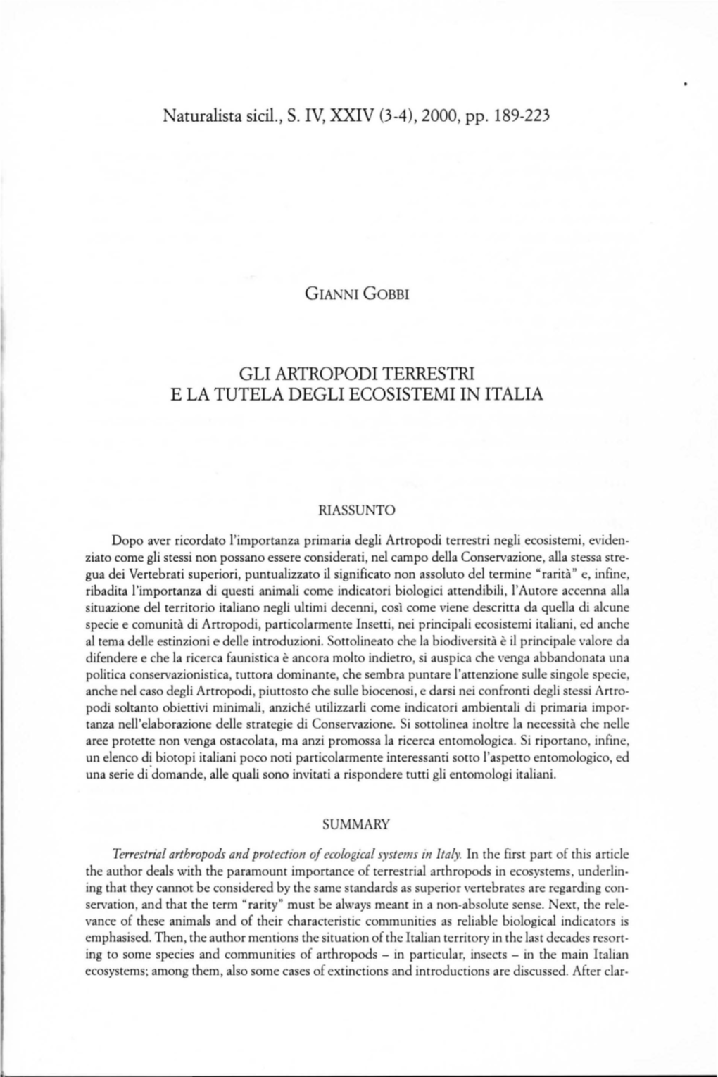 Gli Artropodi Terrestri E La Tutela Degli Ecosistemi in Italia