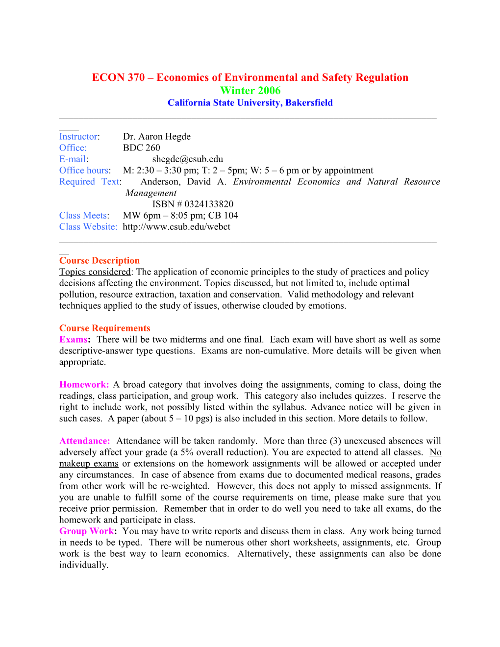 ECON 370 Economics of Environmental and Safety Regulation