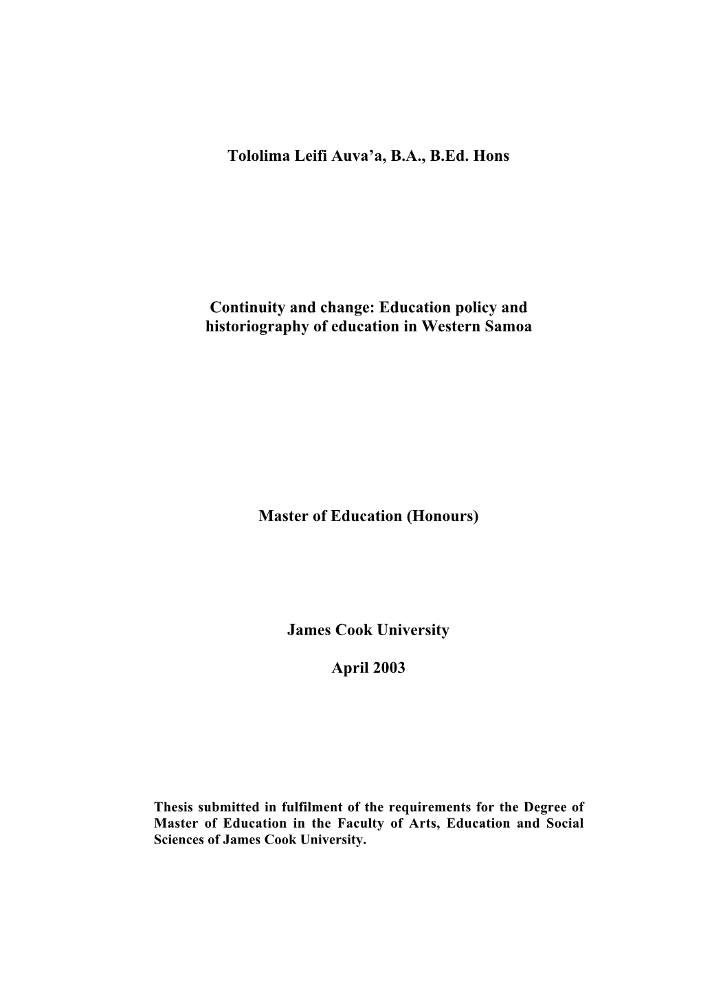 Education Policy and Historiography of Education in Western Samoa