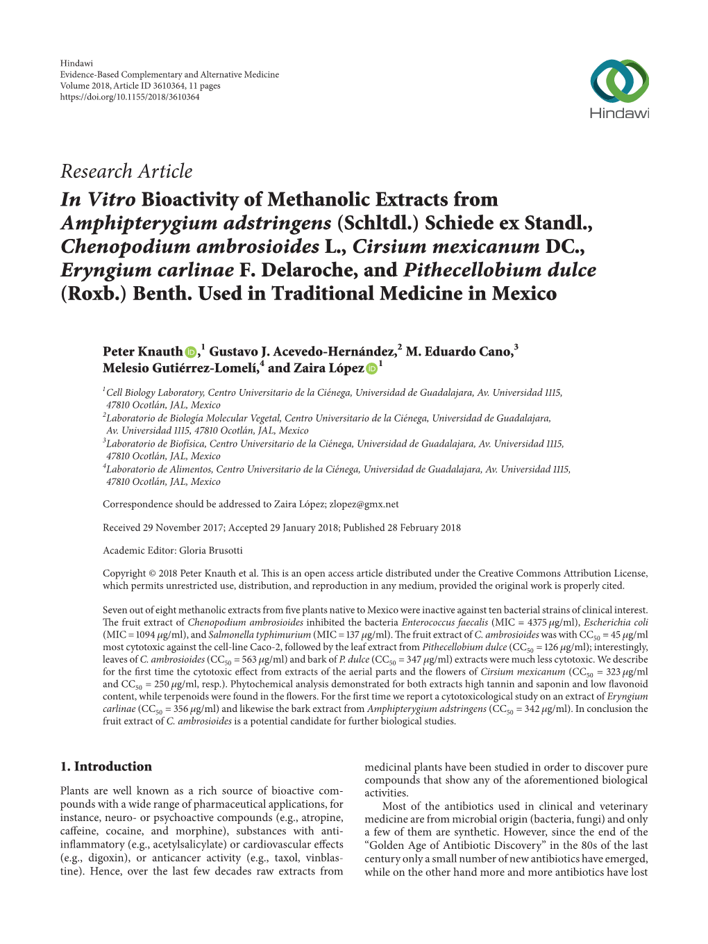 Research Article in Vitro Bioactivity of Methanolic Extracts from Amphipterygium Adstringens (Schltdl.) Schiede Ex Standl., Chen