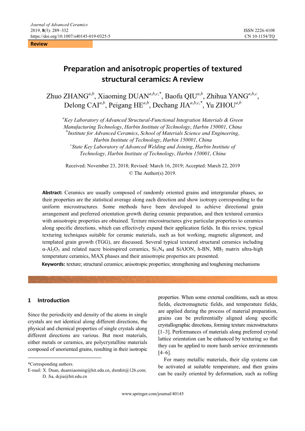 Preparation and Anisotropic Properties of Textured Structural Ceramics: a Review