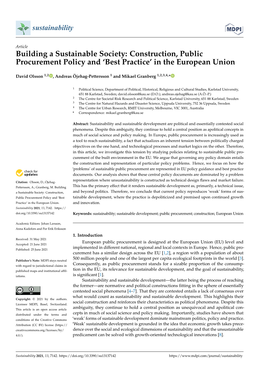 Building a Sustainable Society: Construction, Public Procurement Policy and 'Best Practice' in the European Union