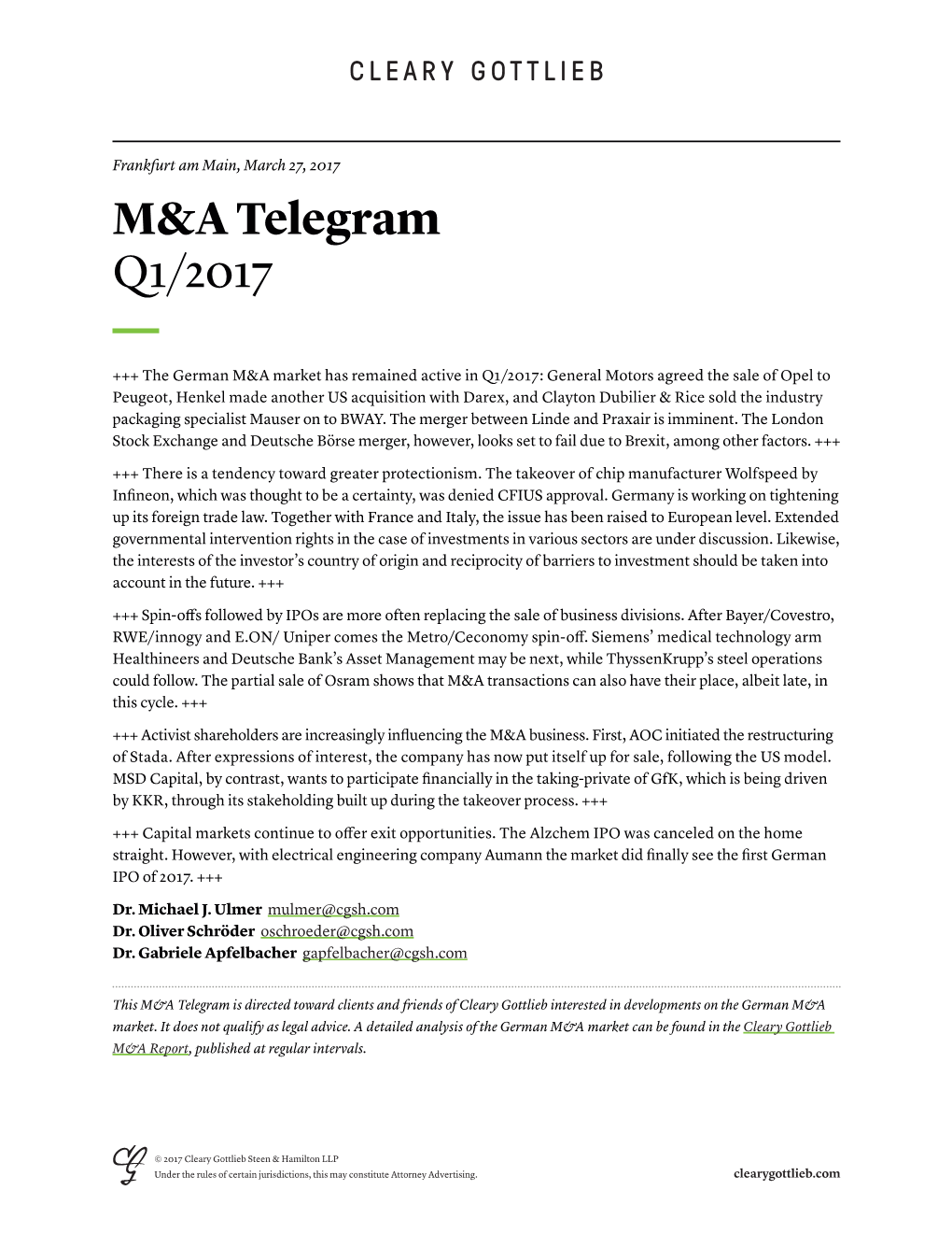M&A-Telegram Q1/2017