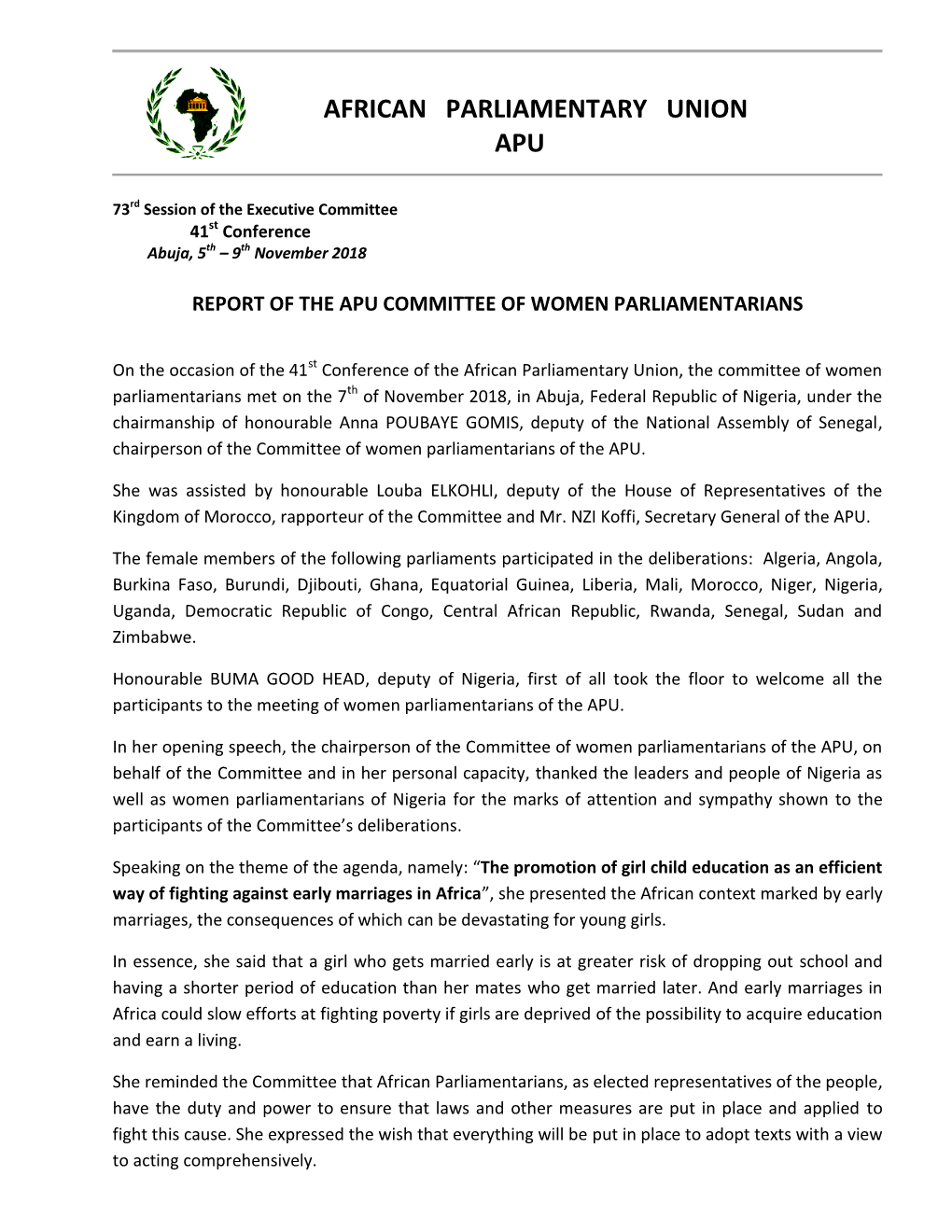 41St APU Conference , Abuja Nov. 2018 Report of the Committee of Women Parliamentarians
