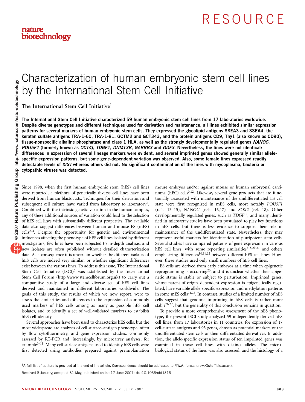 Characterization of Human Embryonic Stem Cell Lines by the International Stem Cell Initiative