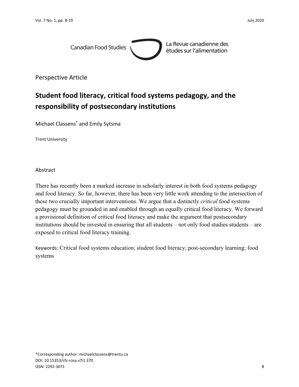 Student Food Literacy, Critical Food Systems Pedagogy, and the Responsibility of Postsecondary Institutions