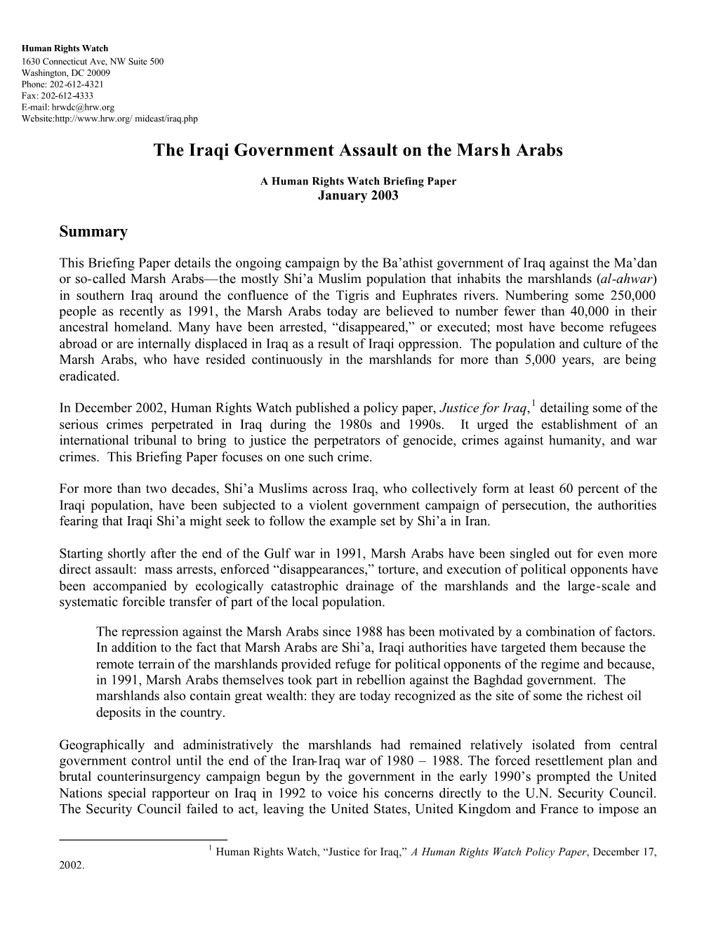 The Iraqi Government Assault on the Marsh Arabs