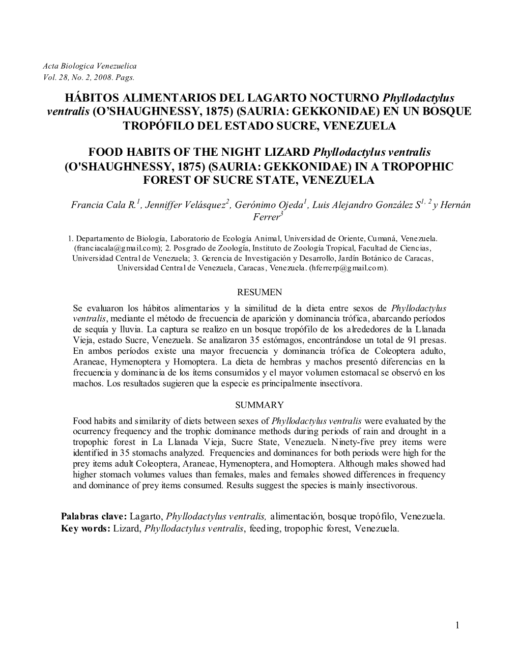 HÁBITOS ALIMENTARIOS DEL LAGARTO NOCTURNO Phyllodactylus Ventralis (O’SHAUGHNESSY, 1875) (SAURIA: GEKKONIDAE) EN UN BOSQUE TROPÓFILO DEL ESTADO SUCRE, VENEZUELA