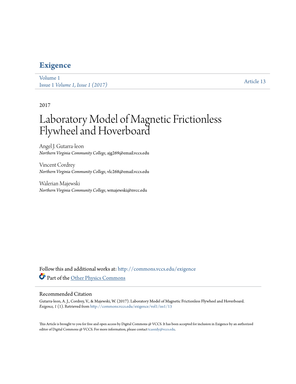 Laboratory Model of Magnetic Frictionless Flywheel and Hoverboard Angel J