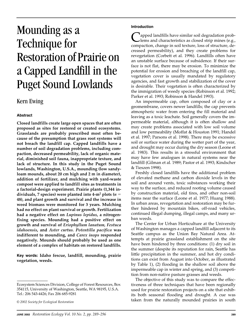 Mounding As a Technique for Restoration of Prairie on a Capped