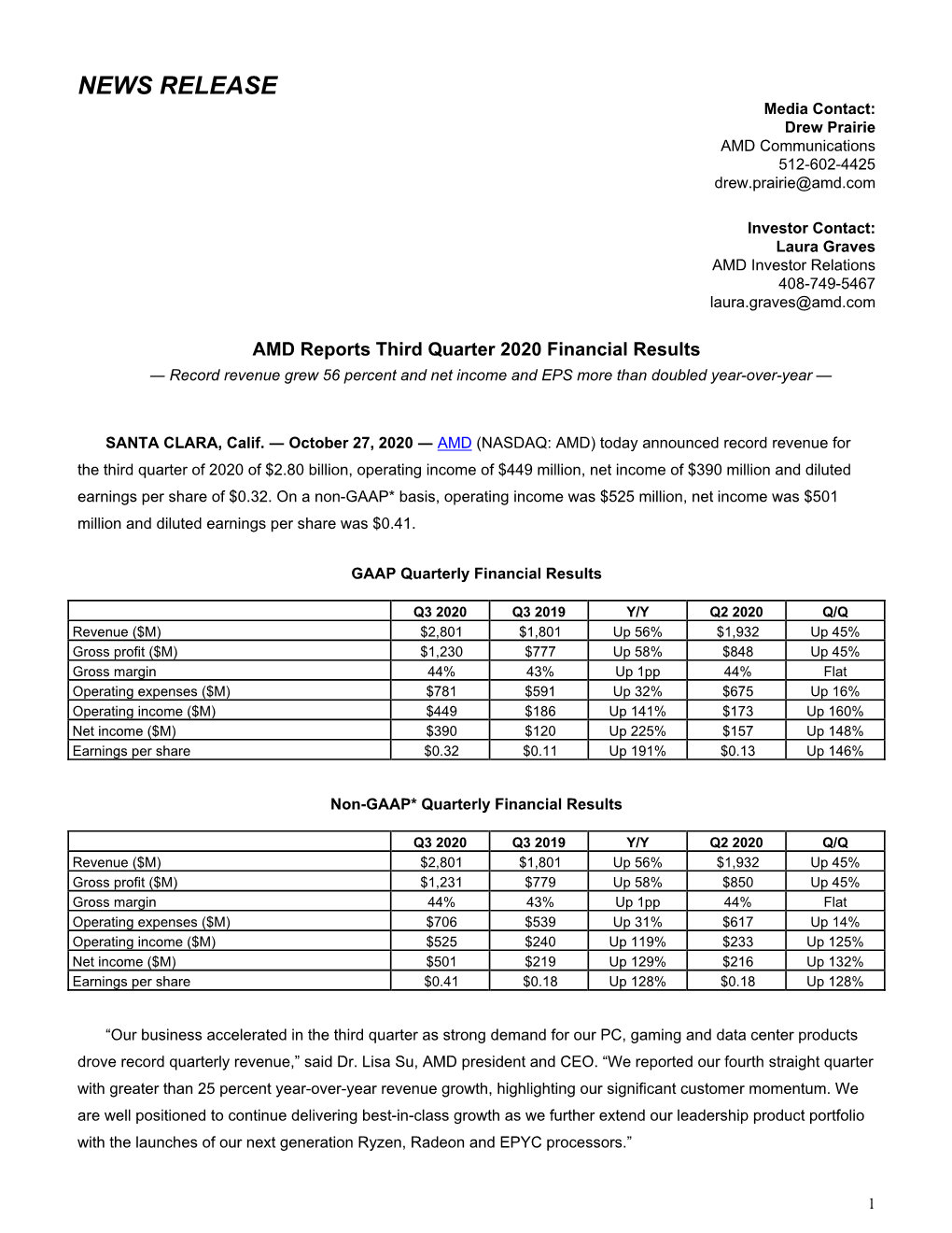 NEWS RELEASE Media Contact: Drew Prairie AMD Communications 512-602-4425 Drew.Prairie@Amd.Com