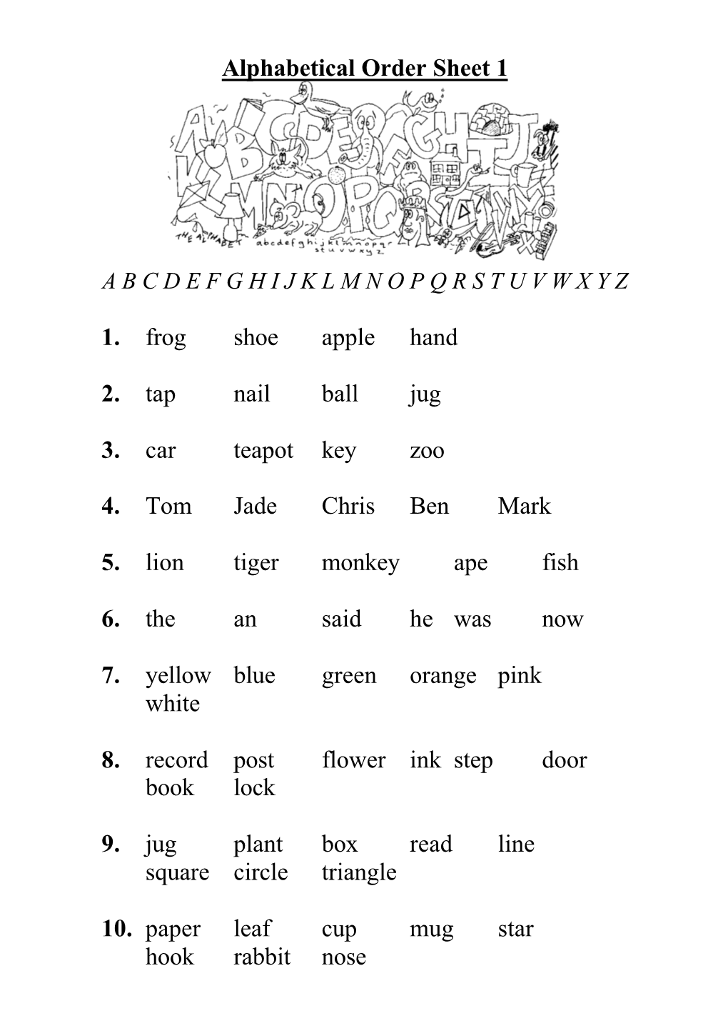 Alphabetical Order Sheet 1