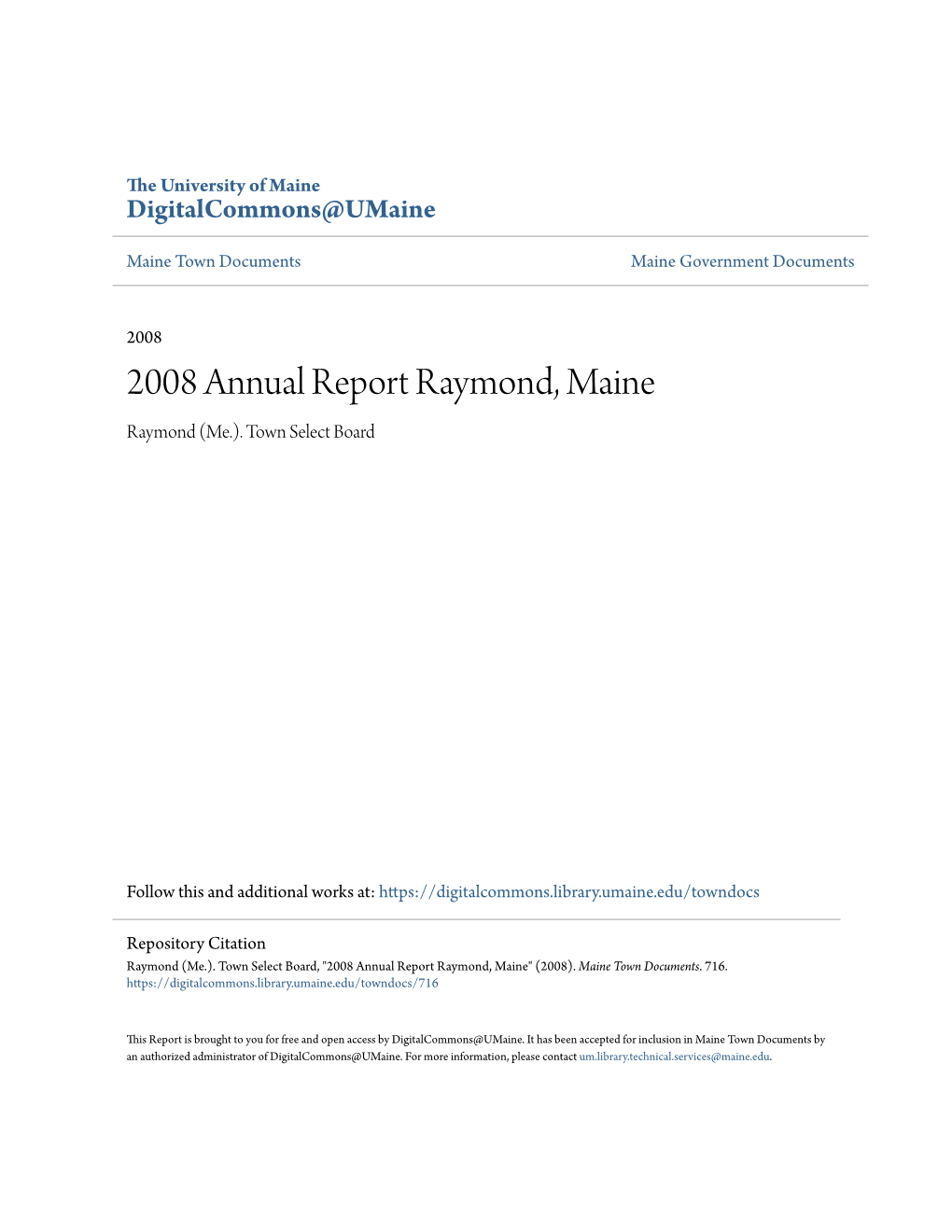 2008 Annual Report Raymond, Maine Raymond (Me.)