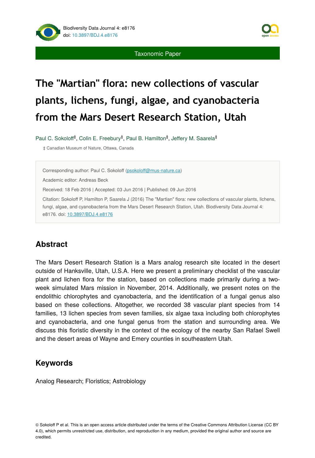 The "Martian" Flora: New Collections of Vascular Plants, Lichens, Fungi, Algae, and Cyanobacteria from the Mars Desert Research Station, Utah