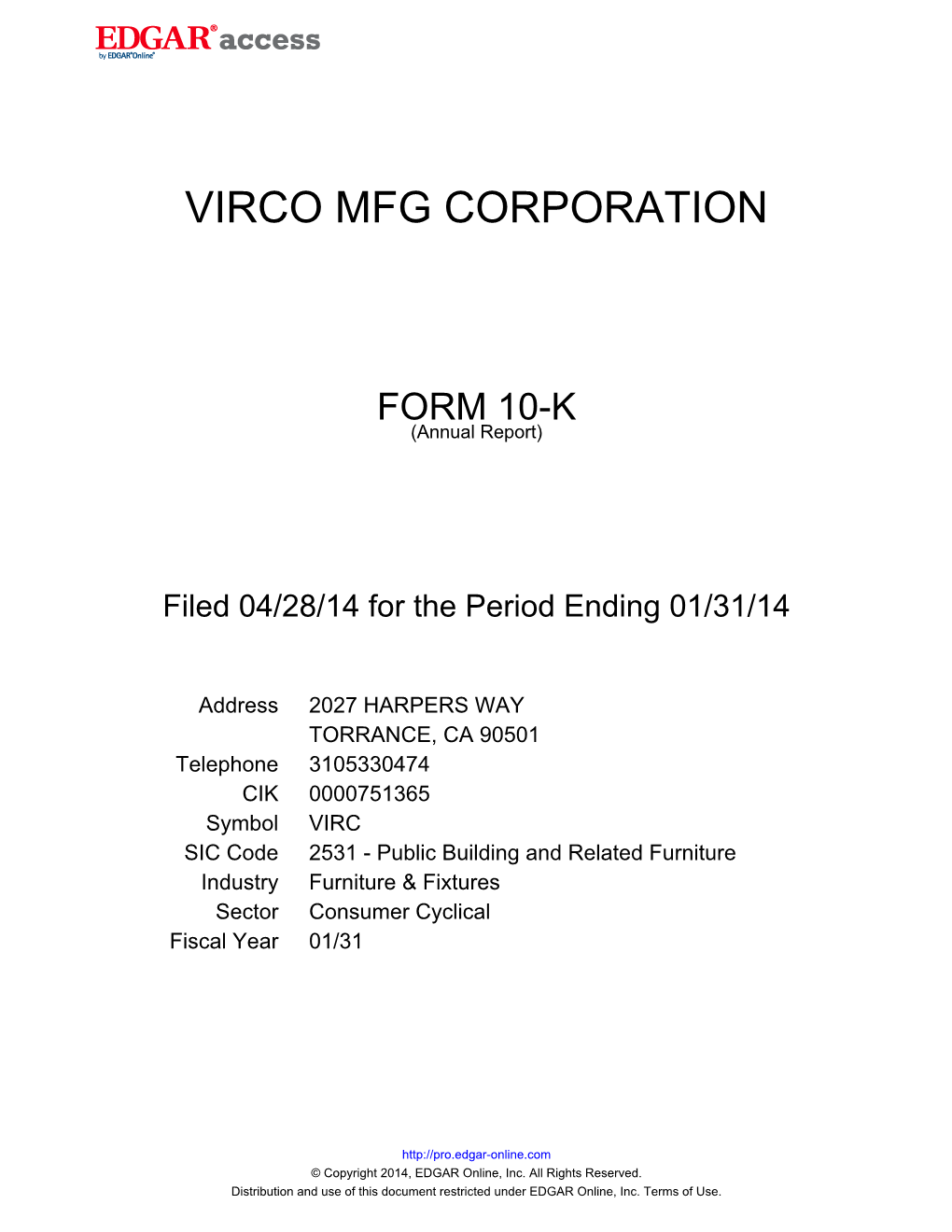 Virco Mfg Corporation